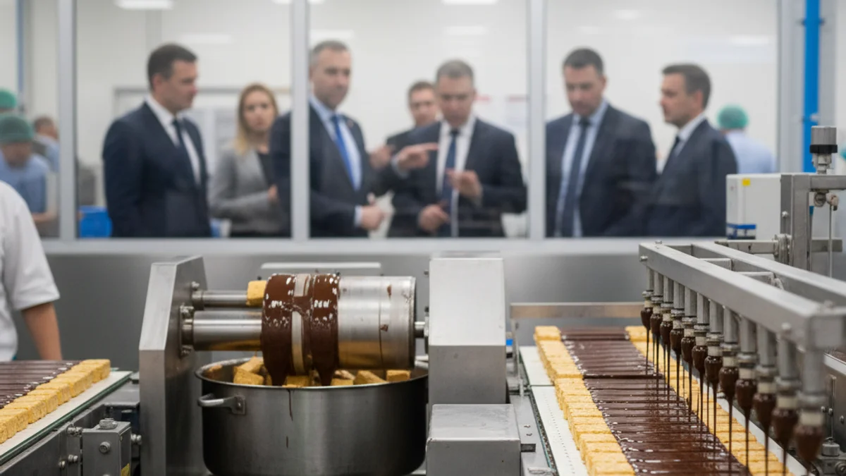 Asistentes observando un proceso de producción industrial en una fábrica de alimentos, centrado en la maquinaria.