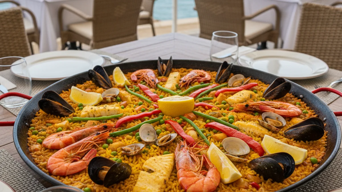 Imagen genérica de un plato de arroz con marisco y verduras, en un entorno de restaurante elegante.