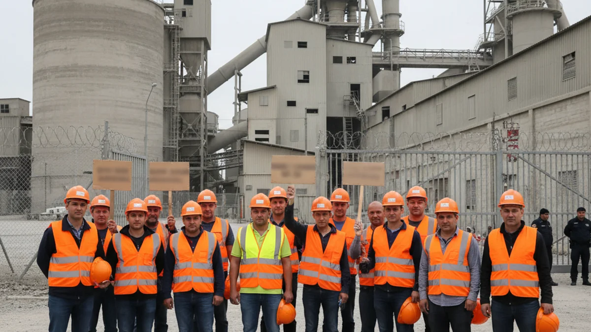 Trabajadores concentrados frente a la entrada de una planta industrial durante una huelga parcial en el Alt Penedès.