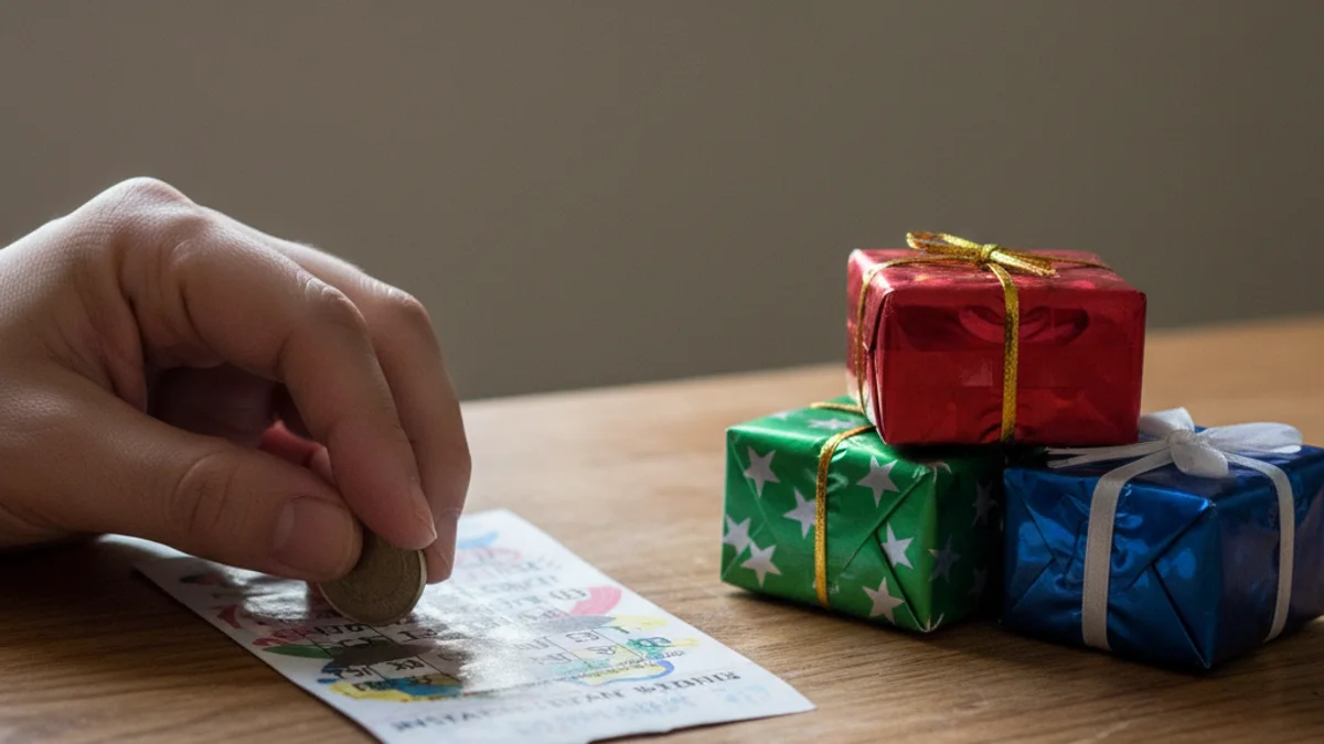 Primer plano de una mano rascando un boleto de 'rasca y gana' sobre un mostrador de madera.
