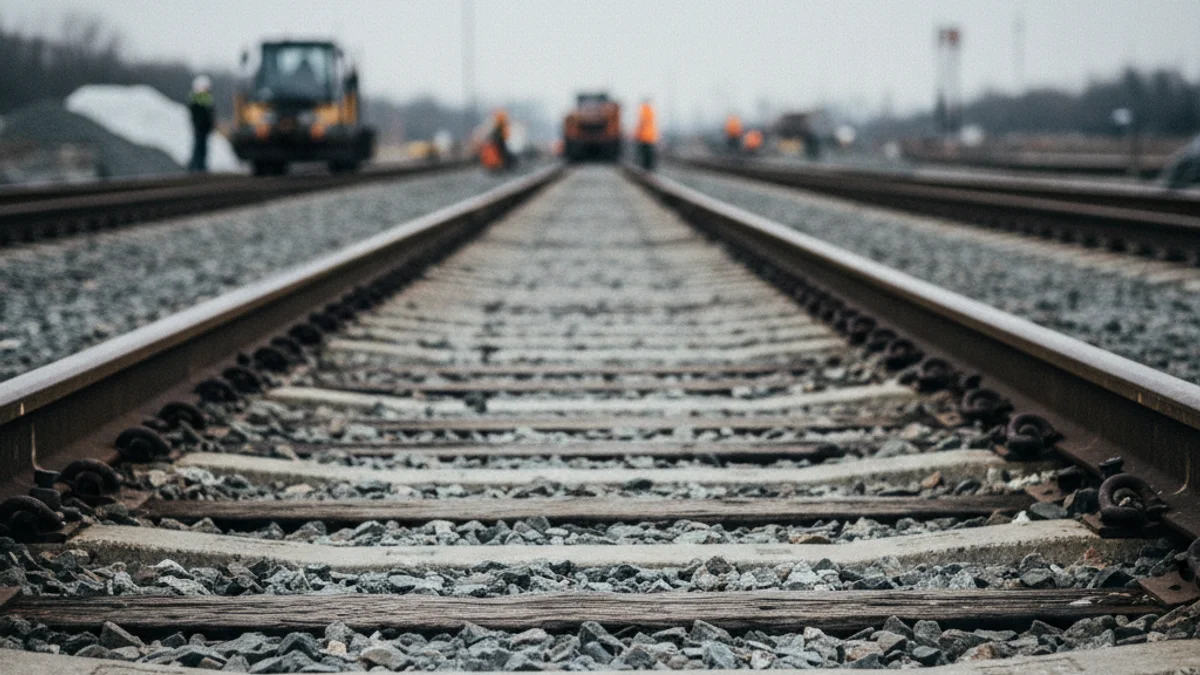 Vías de tren con señales de desgaste o trabajos de mantenimiento, simbolizando las restricciones de velocidad.