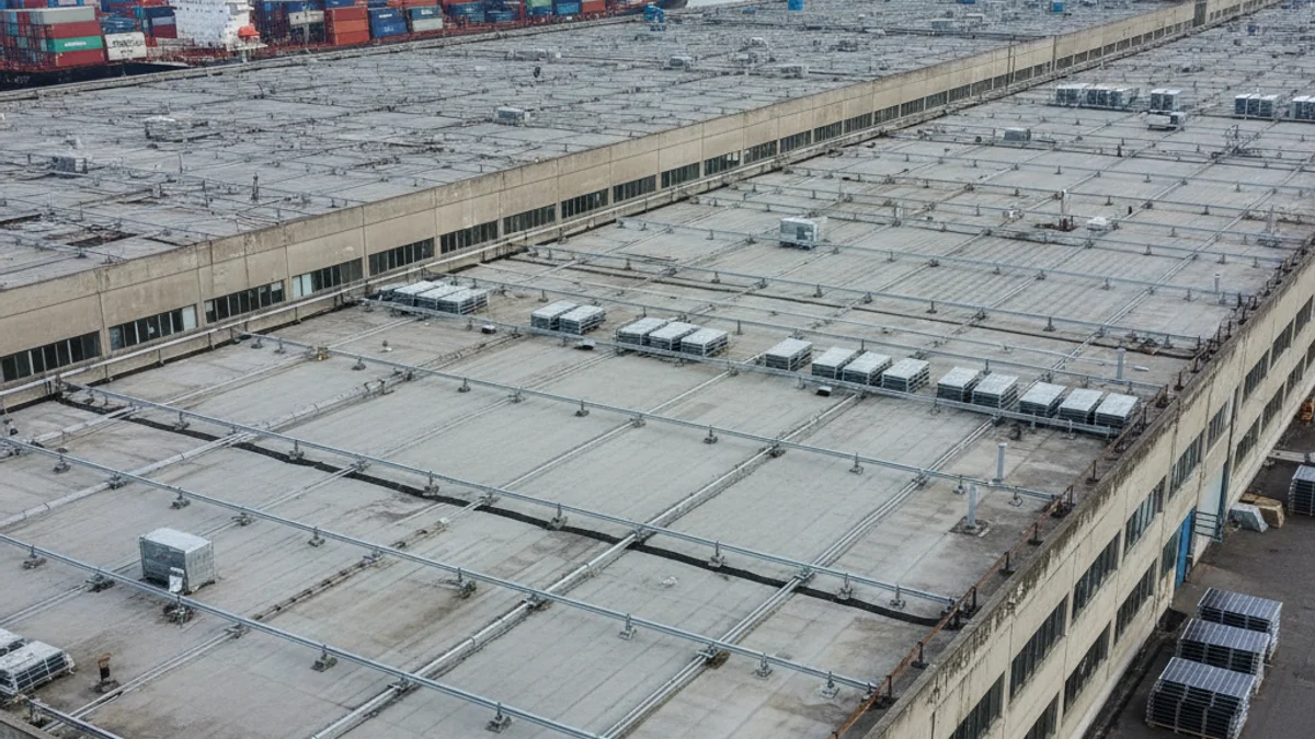 Vista aérea de las cubiertas de unos almacenes industriales en el puerto, preparadas para la instalación de placas solares.