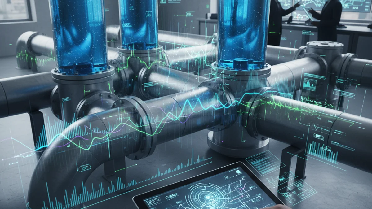 Representación visual de la gestión inteligente del agua, con datos digitales superpuestos sobre tuberías o flujos.