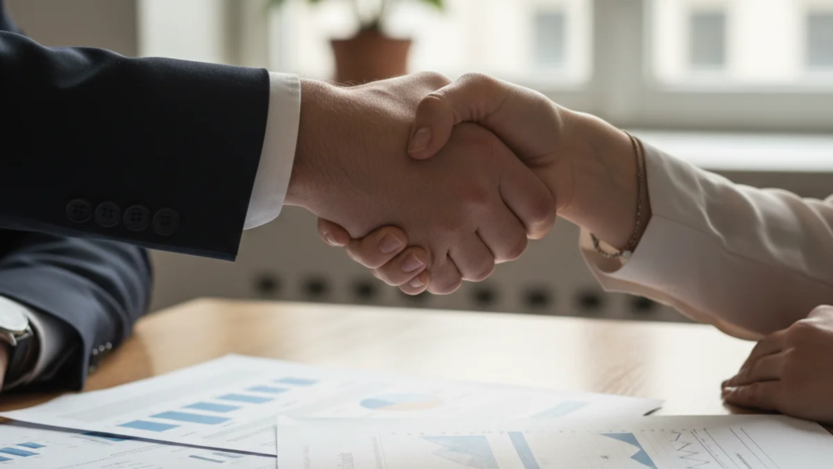 Representación abstracta de una mano firmando un contrato de trabajo sobre una mesa con documentos.