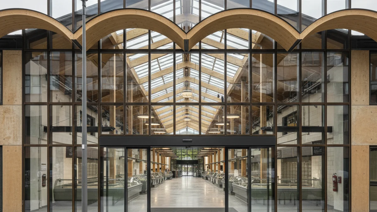 Vista genérica de la entrada de un mercado municipal recientemente remodelado o de un supermercado moderno.
