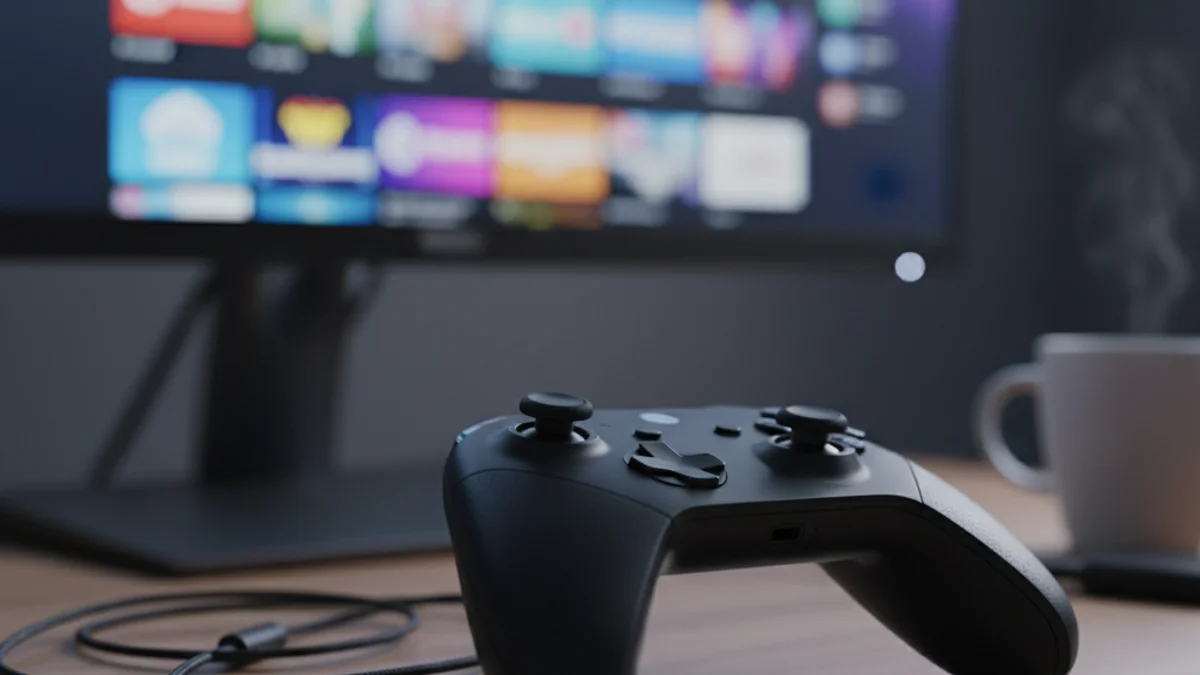 Imagen genérica de un mando de videojuegos frente a una pantalla que muestra una interfaz de juegos en la nube.