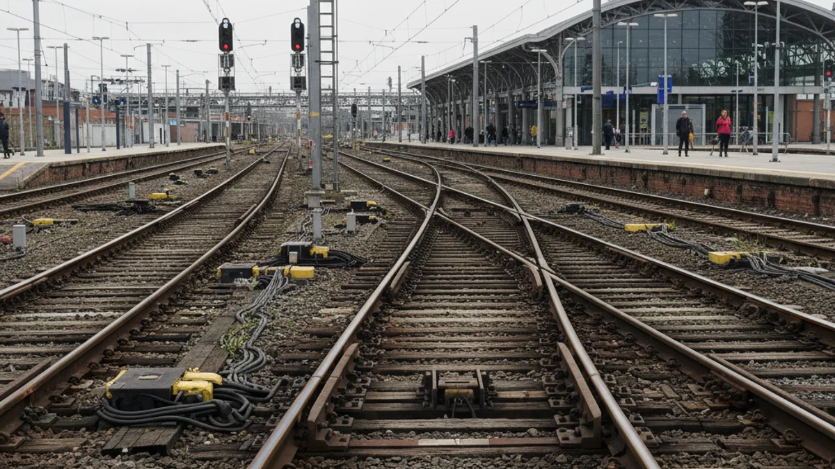 Vías de tren convergiendo en un nudo ferroviario, simbolizando el cambio de ancho de vía en Vila-seca.