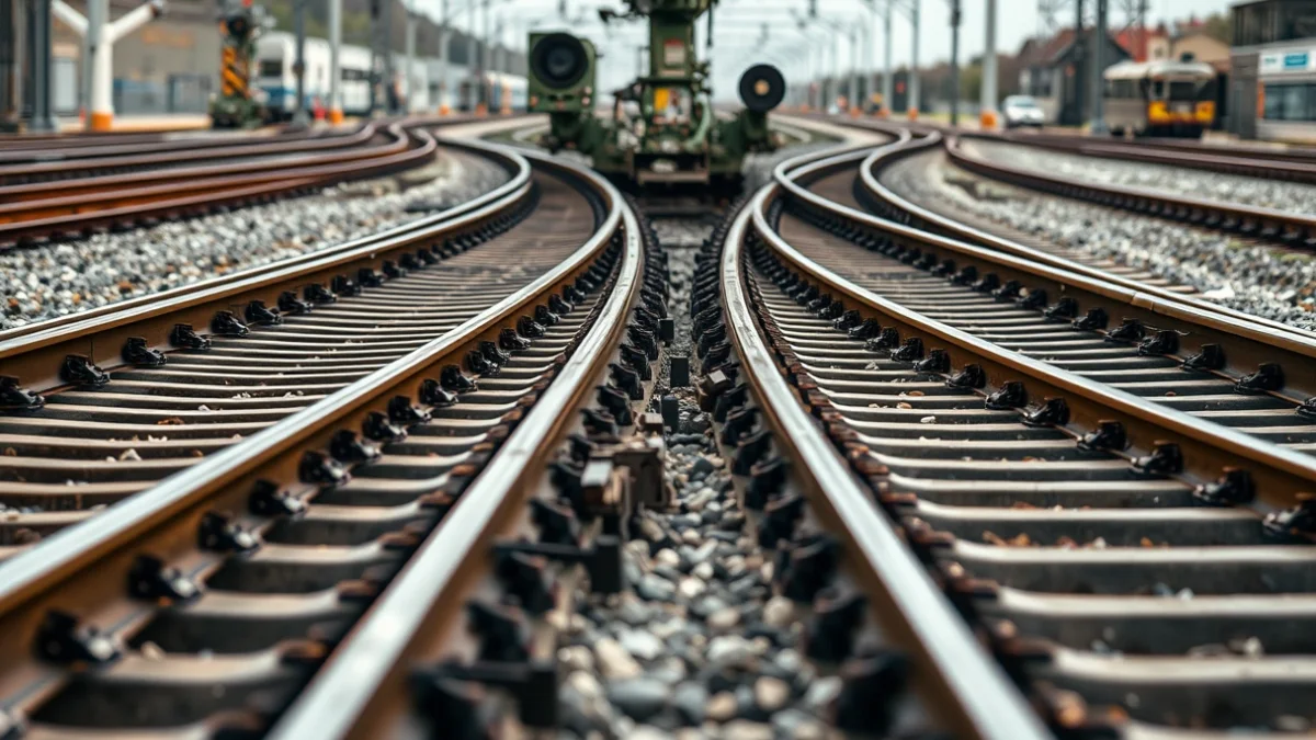 Vías de tren con diferentes anchos de vía o la instalación de un tercer carril en una zona de bifurcación ferroviaria.