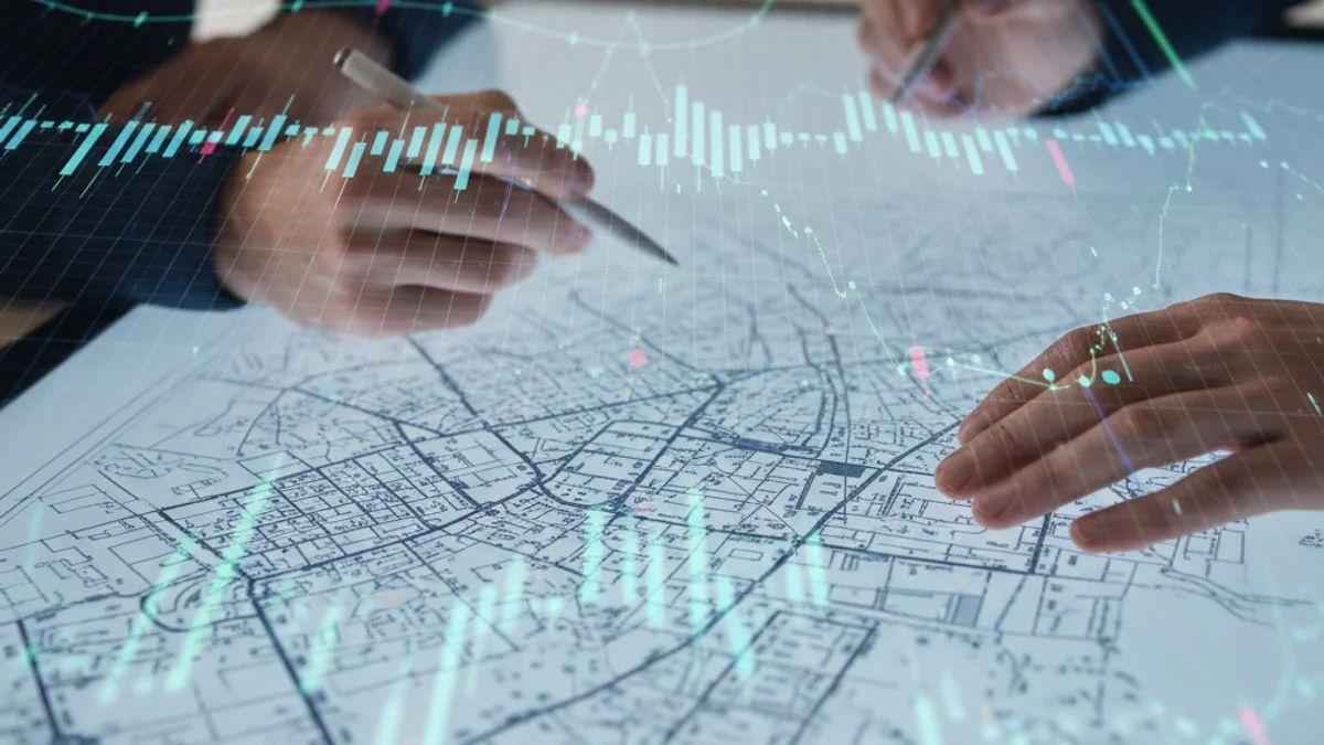 Representación abstracta de un mapa urbano de Barcelona con datos fiscales superpuestos, simbolizando la nueva clasificación de calles.