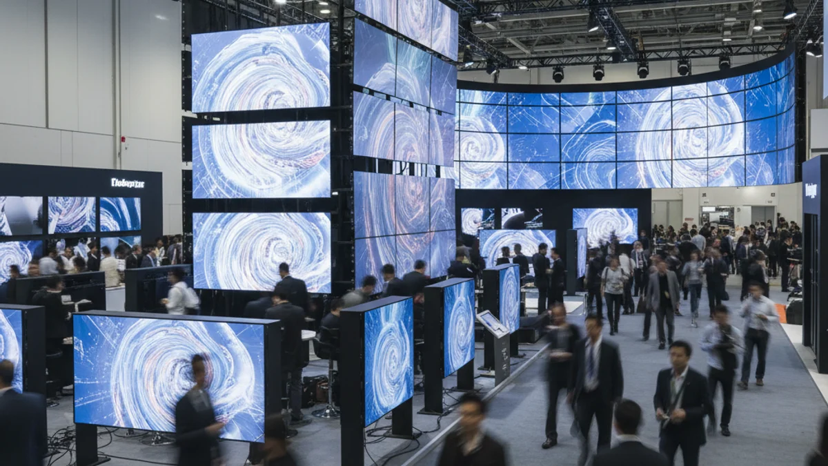 Vista general de un stand de feria tecnológica con grandes pantallas y equipos audiovisuales.