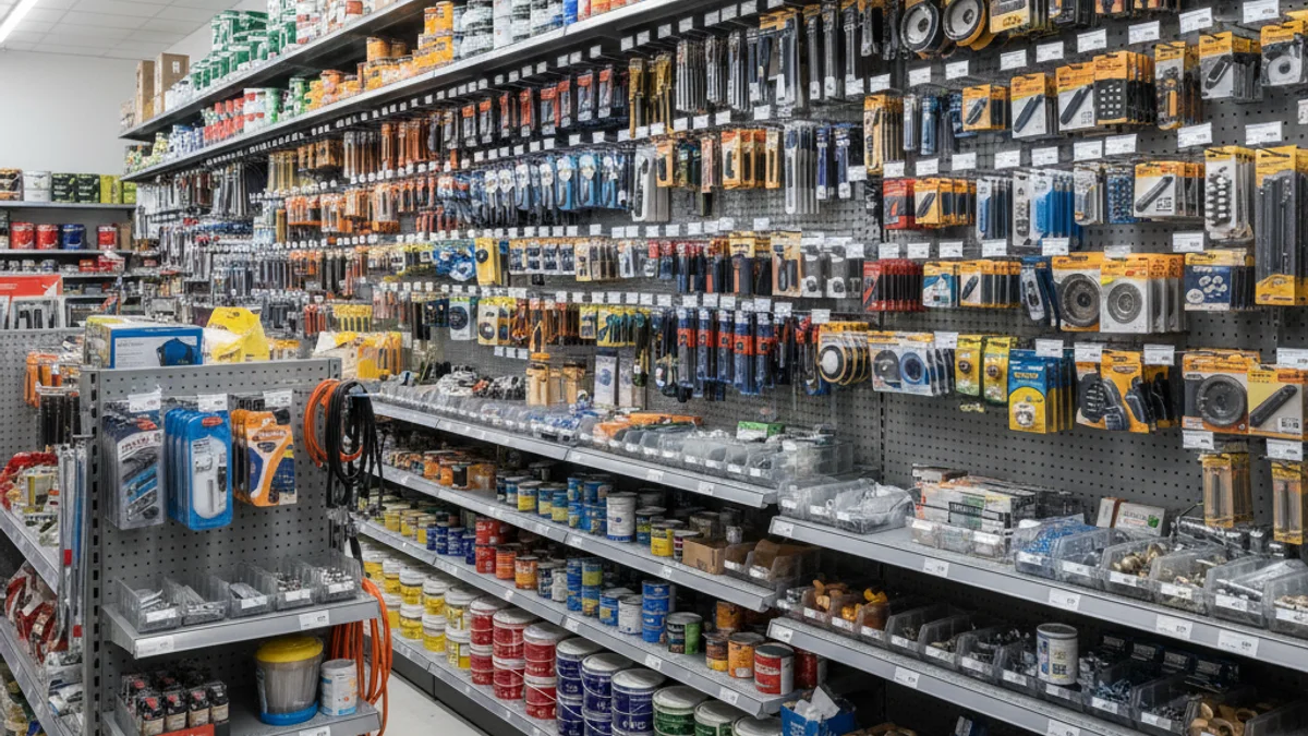 Imagen genérica de una ferretería moderna con herramientas y productos de bricolaje en los estantes.