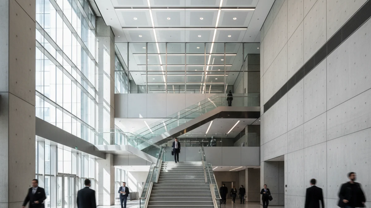 Vista genérica de la sede corporativa de un gran banco con figuras borrosas de trabajadores.