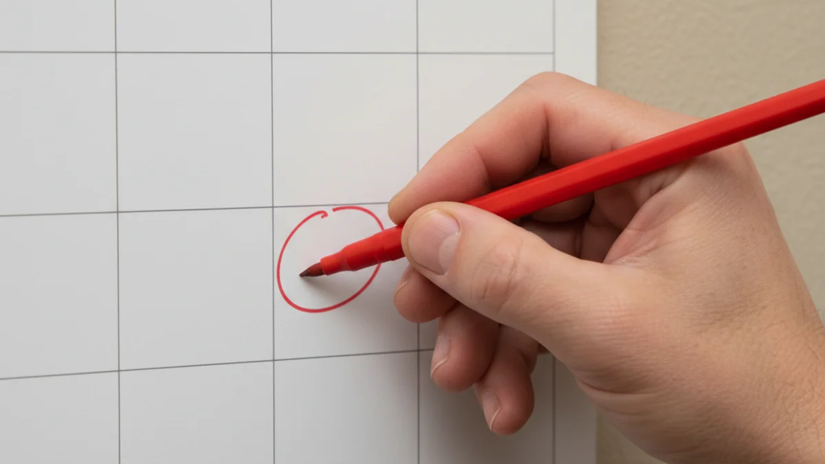 Una mano marcando una fecha importante en un calendario de pared con un bolígrafo rojo.