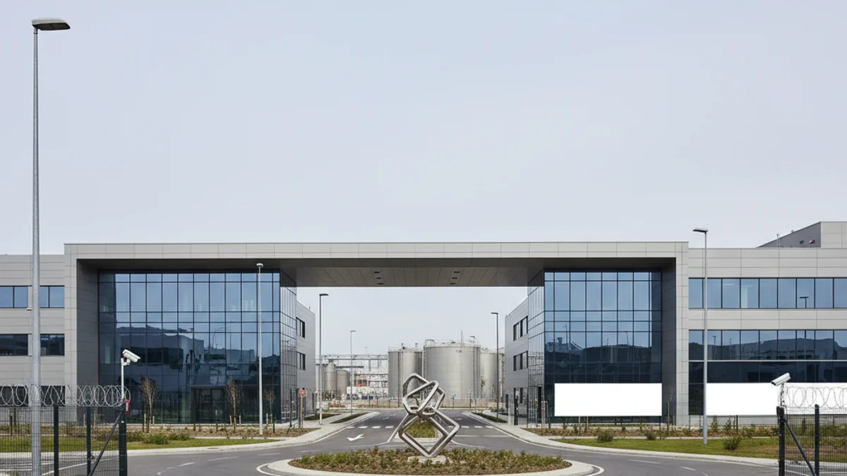 Vista genérica de un polígono industrial moderno con edificios de alta tecnología, simbolizando el PIB elevado.