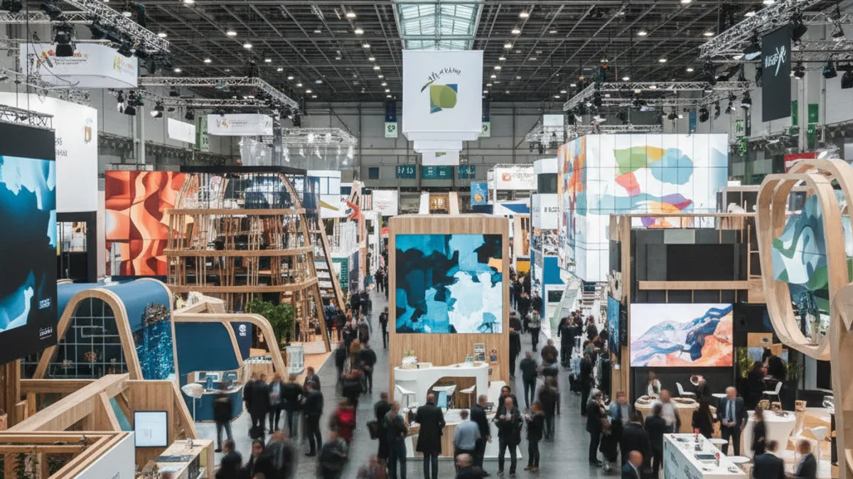 Imagen genérica de un estand de promoción turística en una feria internacional con mapas y folletos.
