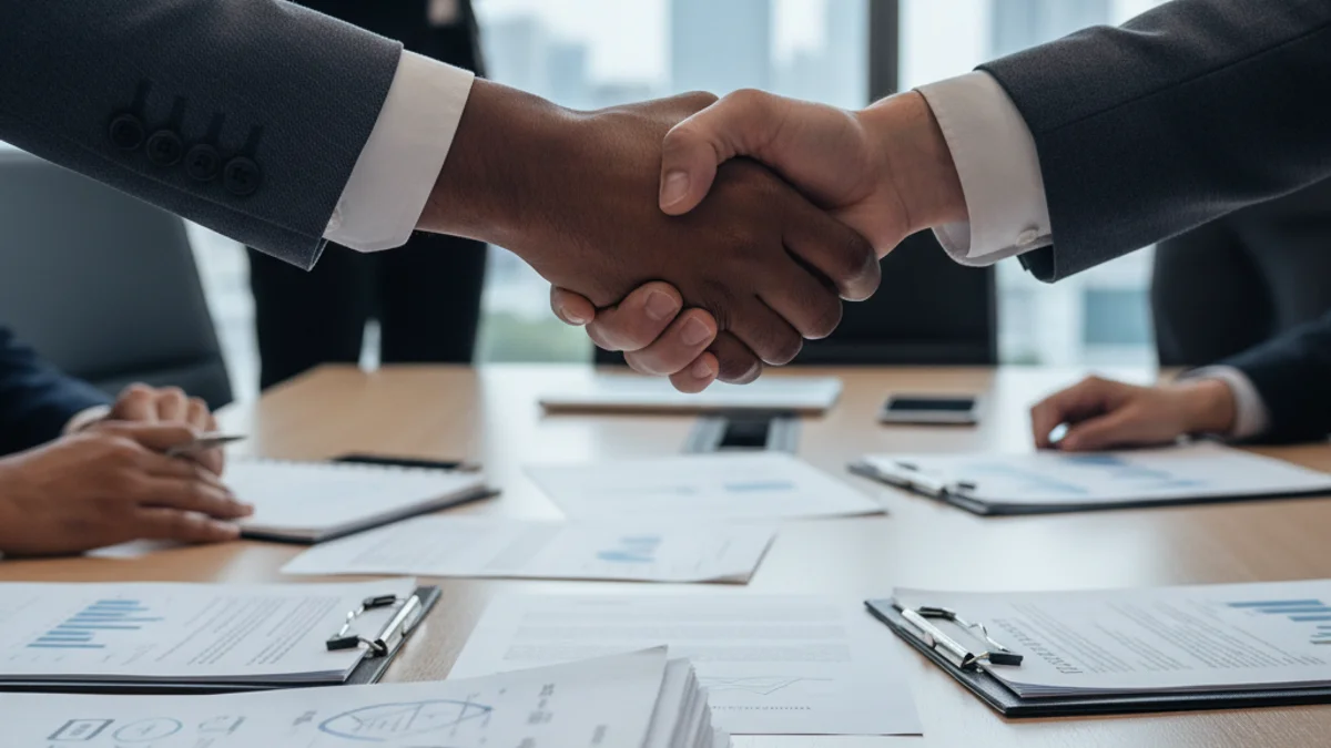 Representación genérica de una transacción inmobiliaria o una fusión empresarial, con documentos y manos sobre una mesa.