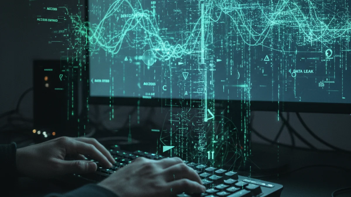 Representación visual de un ataque cibernético, con datos digitales y códigos en una pantalla oscura.