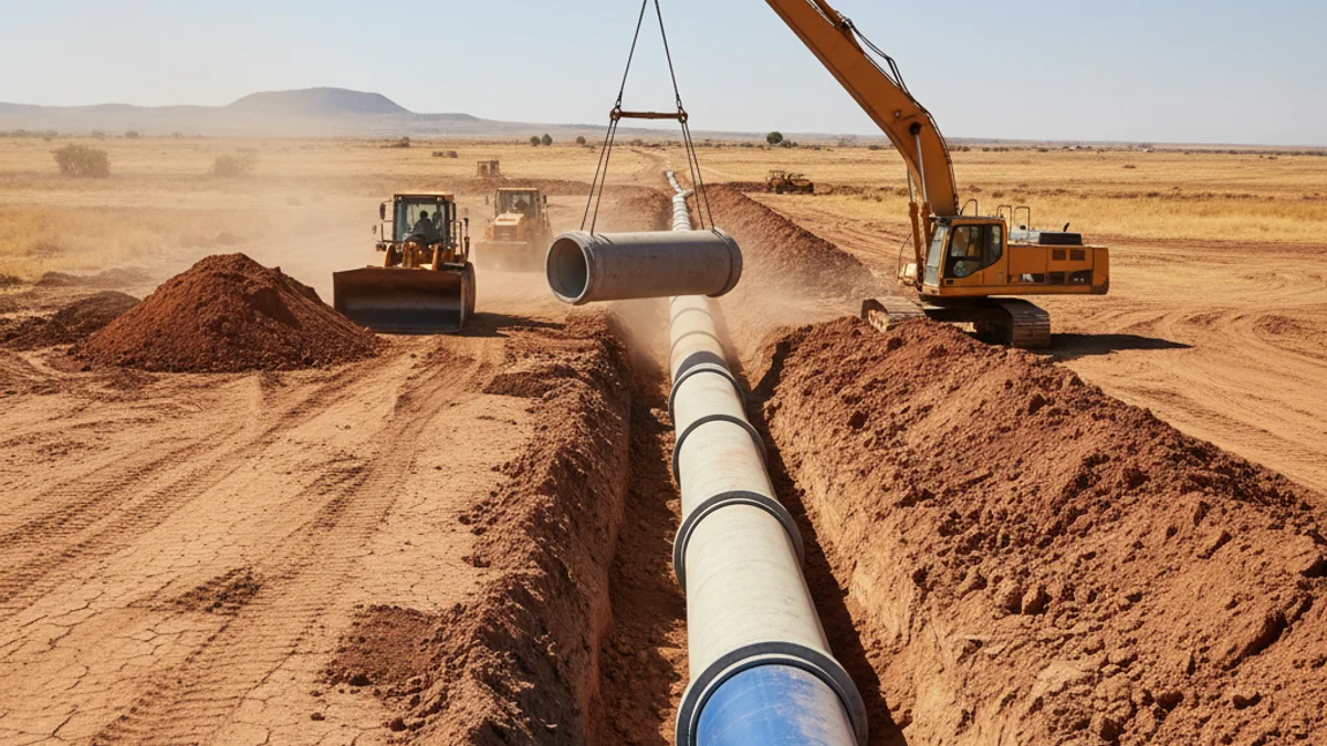 Imagen genérica de tuberías de agua conectando dos zonas de regadío en un paisaje agrícola seco.
