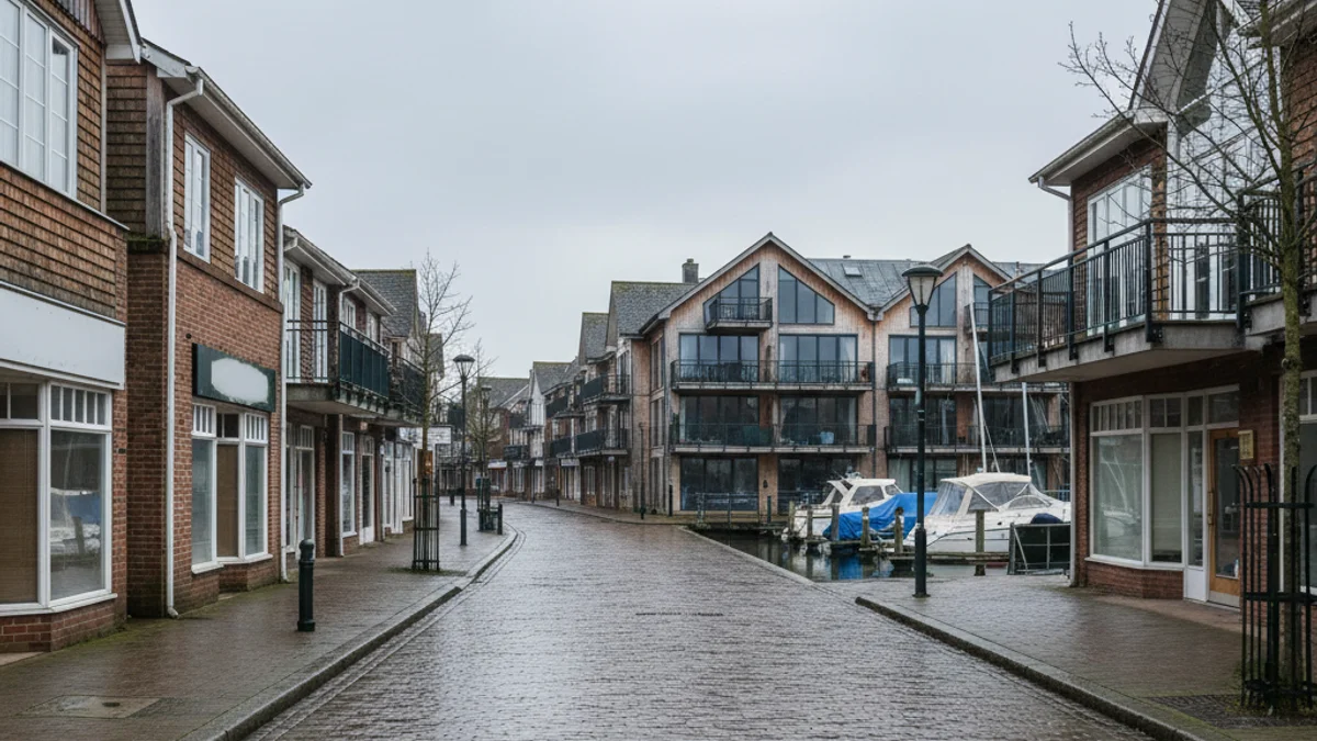 Vista de una zona comercial vacía en la marina de Empuriabrava durante la temporada baja de invierno.