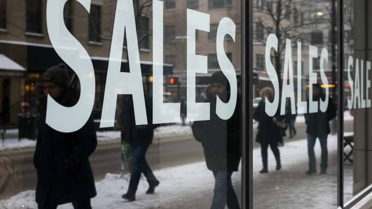 Escaparates de tiendas con carteles de rebajas y figuras borrosas de compradores en invierno.