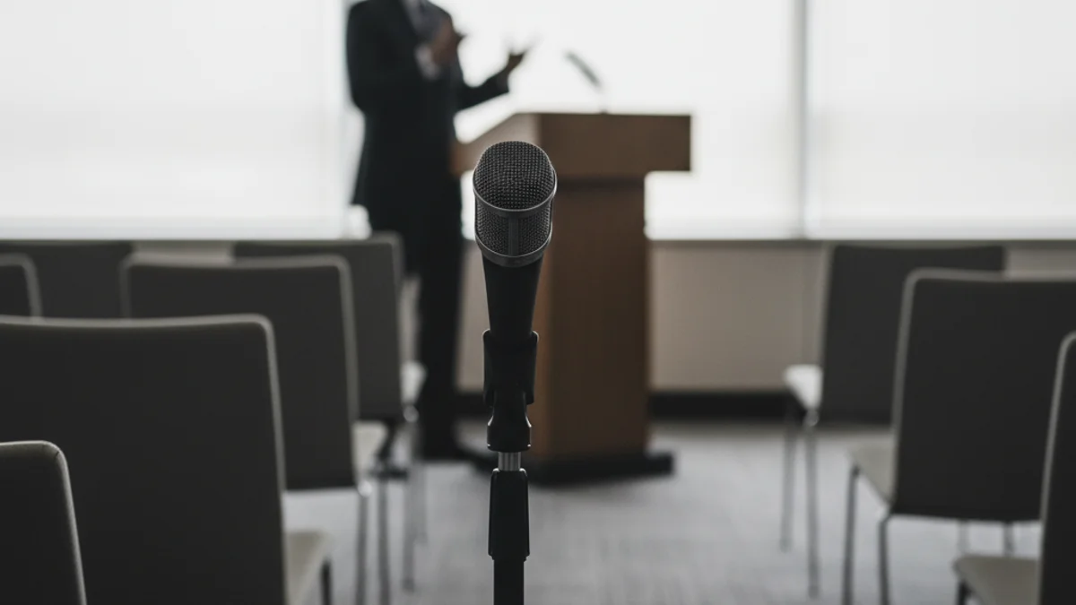 Imagen genérica de un podio y un micrófono en una sala de conferencias vacía, simbolizando un evento empresarial.