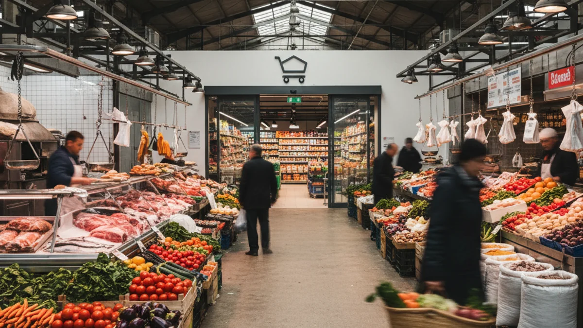 Vista interior de un mercado municipal con puestos tradicionales y la señalización de un supermercado al fondo.