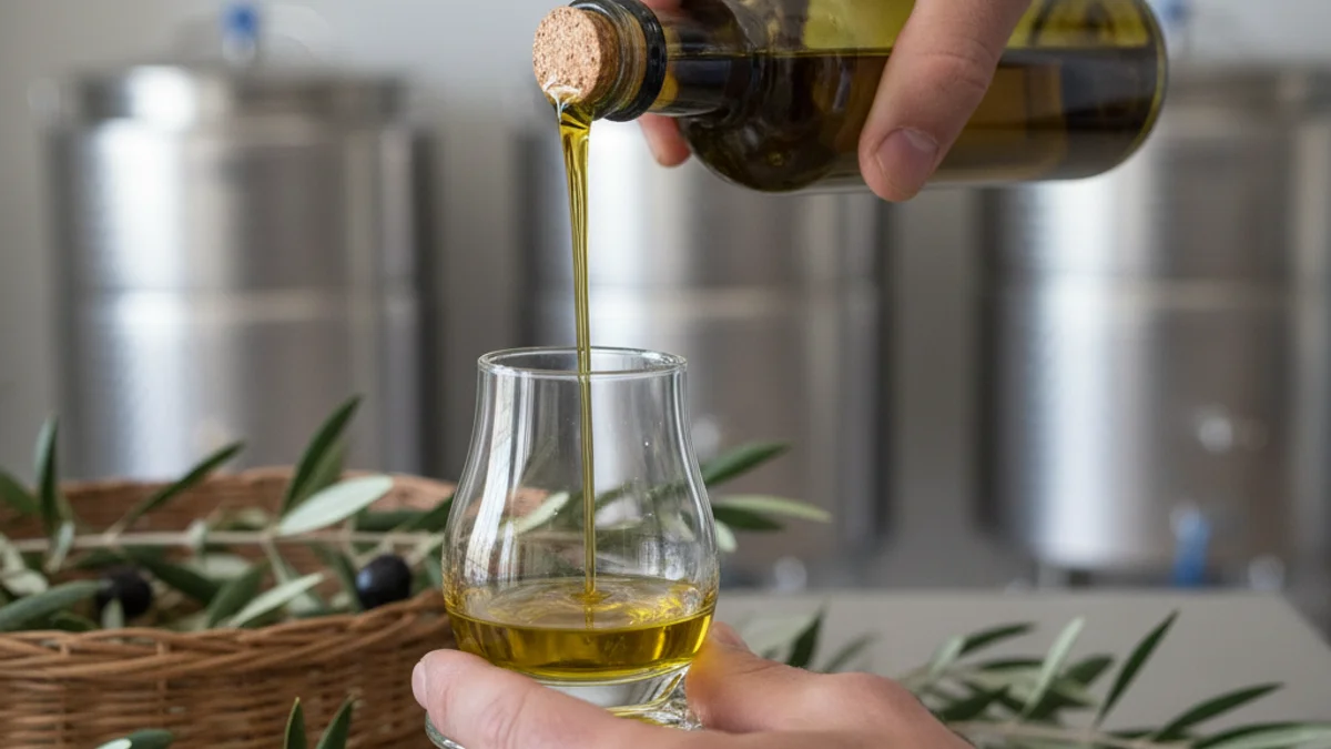 Imagen genérica de una cata de aceite de oliva virgen extra, con una mano sosteniendo una pequeña copa azul.