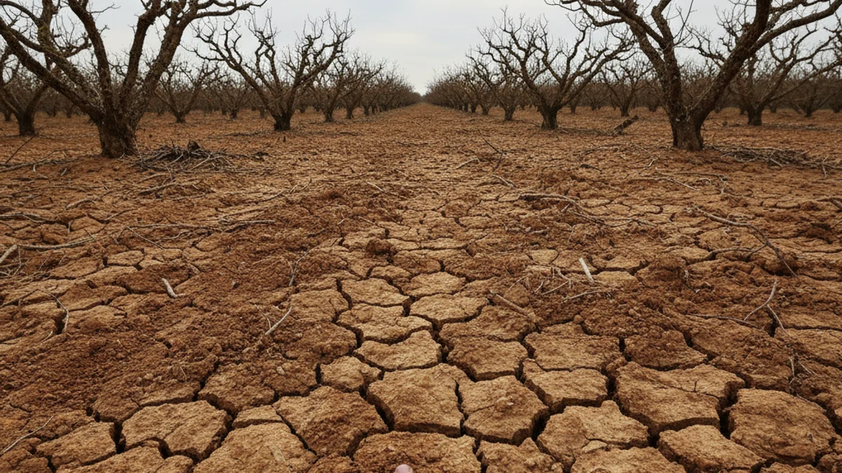 Imagen de un campo de avellanos afectado por la sequía con tierra seca y agrietada.