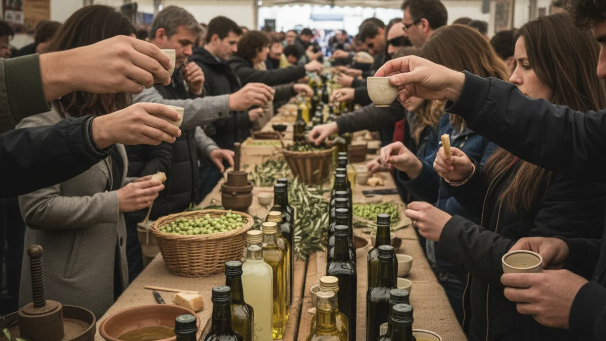 Imagen genérica de una feria agrícola con productos de aceite de oliva expuestos.