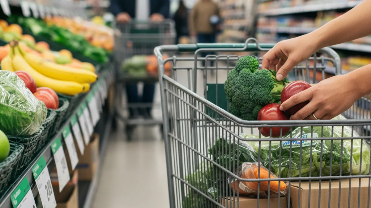 Imagen genérica de productos frescos (fruta, verdura, carne) en un supermercado, simbolizando el ahorro.