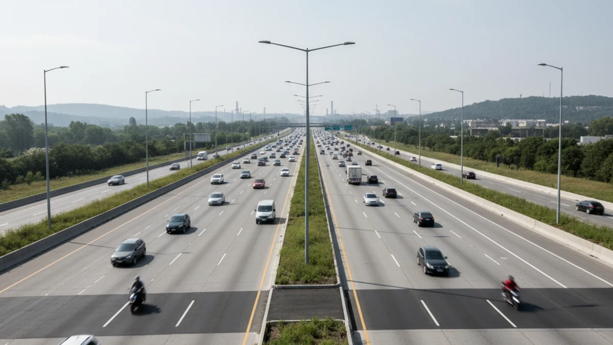 Imagen genérica de una autopista sin barreras de peaje, con tráfico fluido y señalización de carretera.