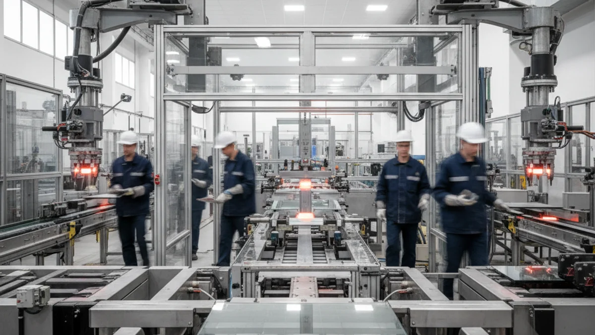 Imagen genérica de una planta de procesamiento de vidrio con maquinaria industrial y figuras borrosas de trabajadores.