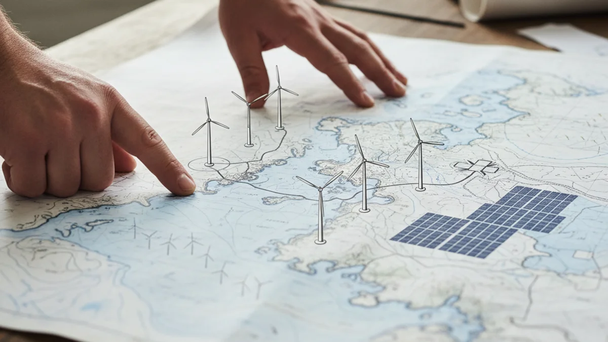 Planificación territorial con mapas y esquemas sobre la implantación de energía eólica y solar en el territorio.