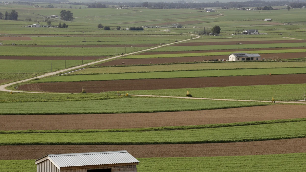Imagen genérica de un campo de cultivo con herramientas agrícolas y un pequeño almacén rural.