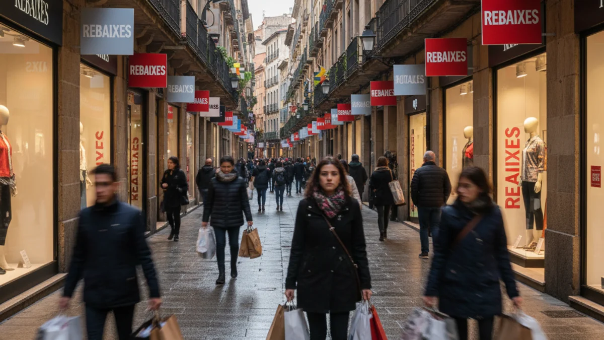 Vista de una zona comercial con escaparates con carteles de rebajas y gente paseando con bolsas de compra.