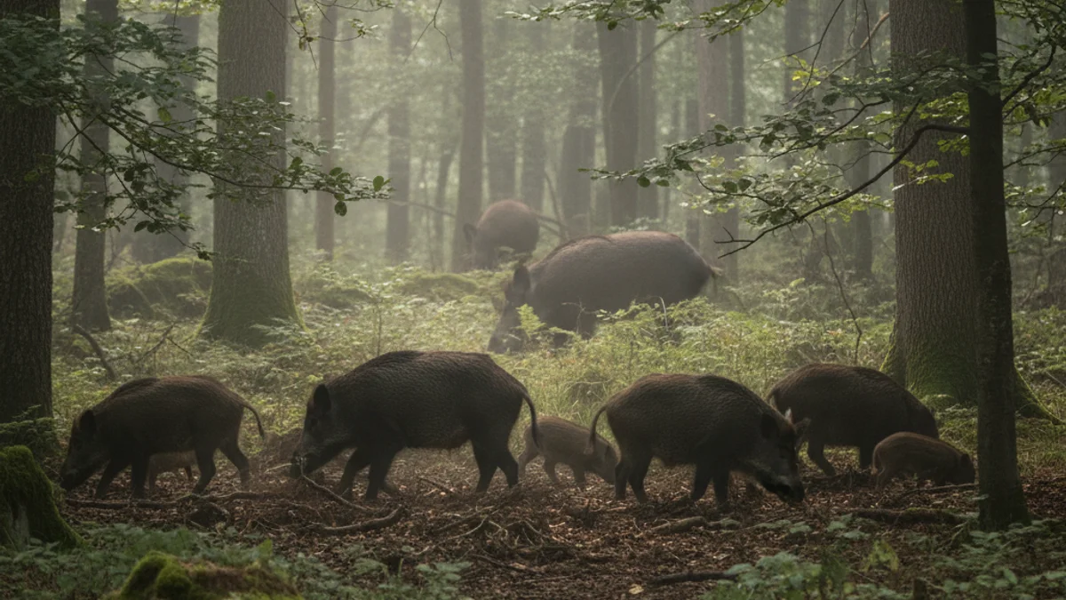 Imagen genérica de un jabalí en un entorno forestal, con un foco de luz neutro.