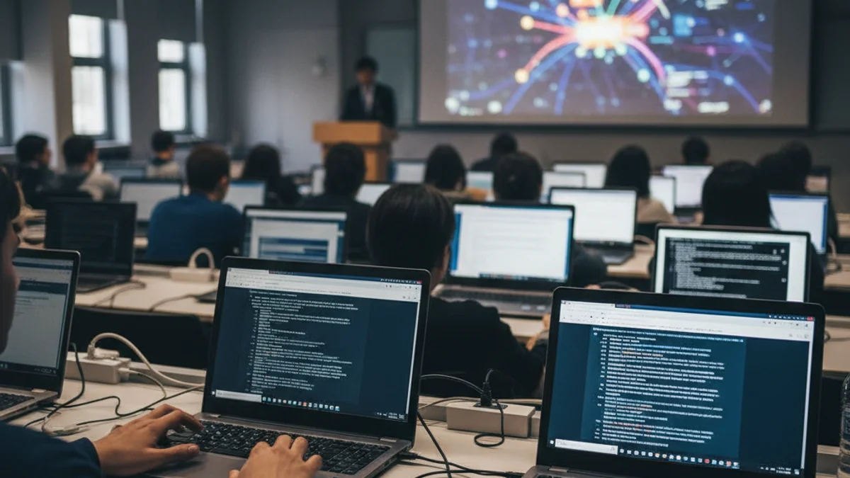 Imagen genérica de un aula universitaria moderna con pantallas y figuras borrosas asistiendo a una presentación.