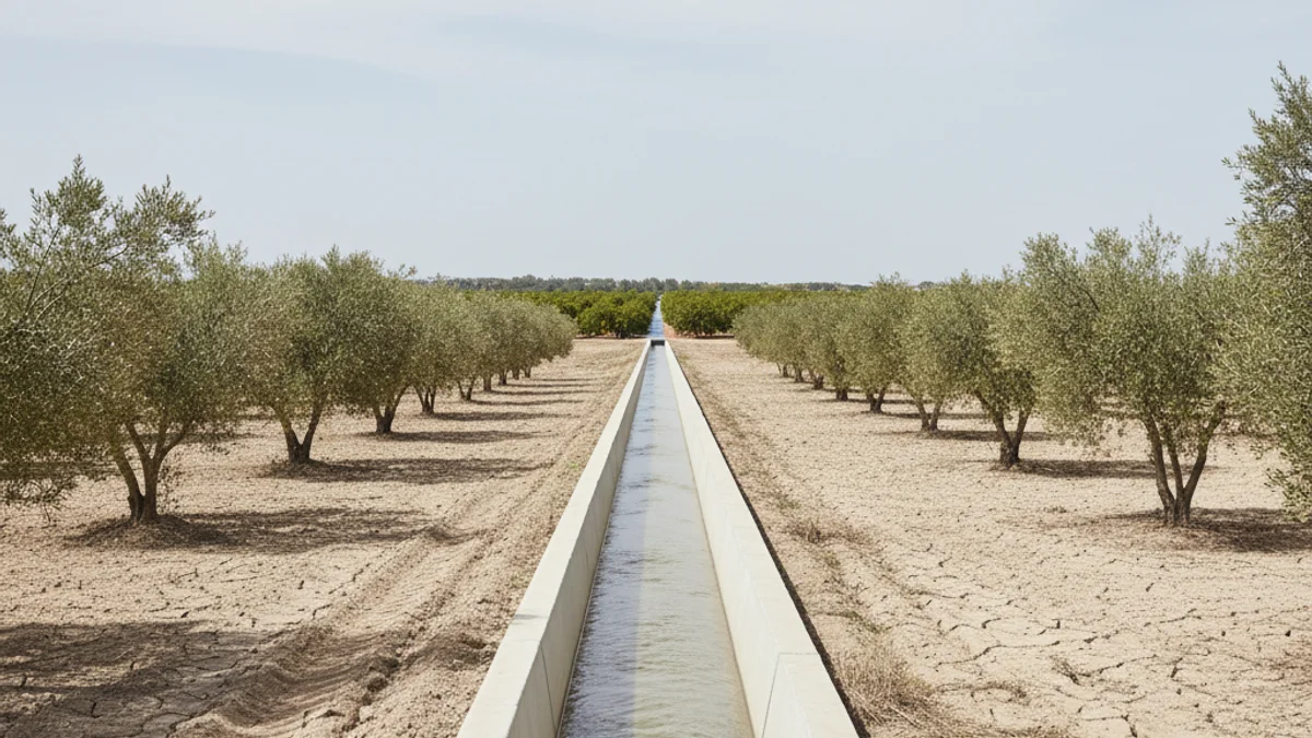 Imagen genérica de un campo de cultivo de olivos o cítricos con un canal de riego moderno en un paisaje de las Terres de l'Ebre.