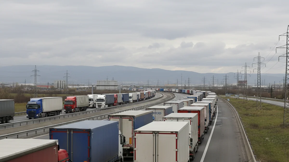 Una fila de camiones detenidos en una autopista congestionada, simbolizando los retrasos en el transporte de mercancías.