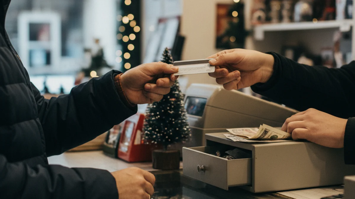Imagen genérica de bolsas de compra o una caja registradora en un pequeño comercio durante la campaña de Navidad.