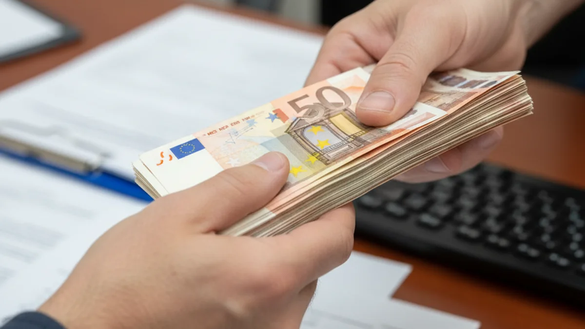 Ilustración de manos intercambiando dinero o documentos, simbolizando el pago de salarios o indemnizaciones.