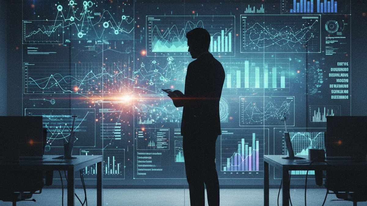 Representación visual de un empresario trabajando en un entorno tecnológico, con datos y gráficos abstractos.