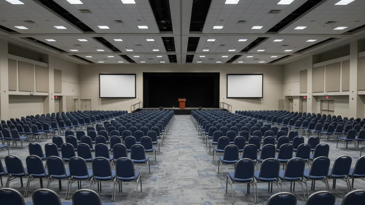 Una vista genérica de una gran feria de tecnología o un centro de convenciones vacío con asientos.
