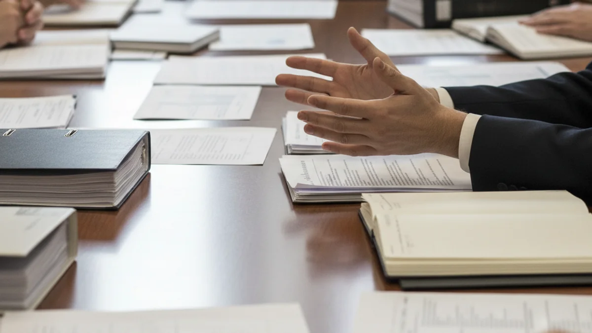 Representación genérica de una reunión económica o política, con documentos y manos sobre una mesa.