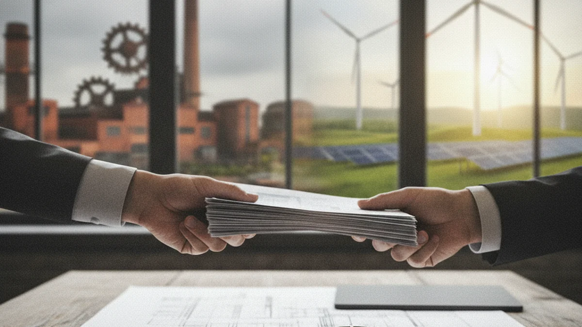 Representación visual de una transición energética, con elementos industriales y de sostenibilidad.