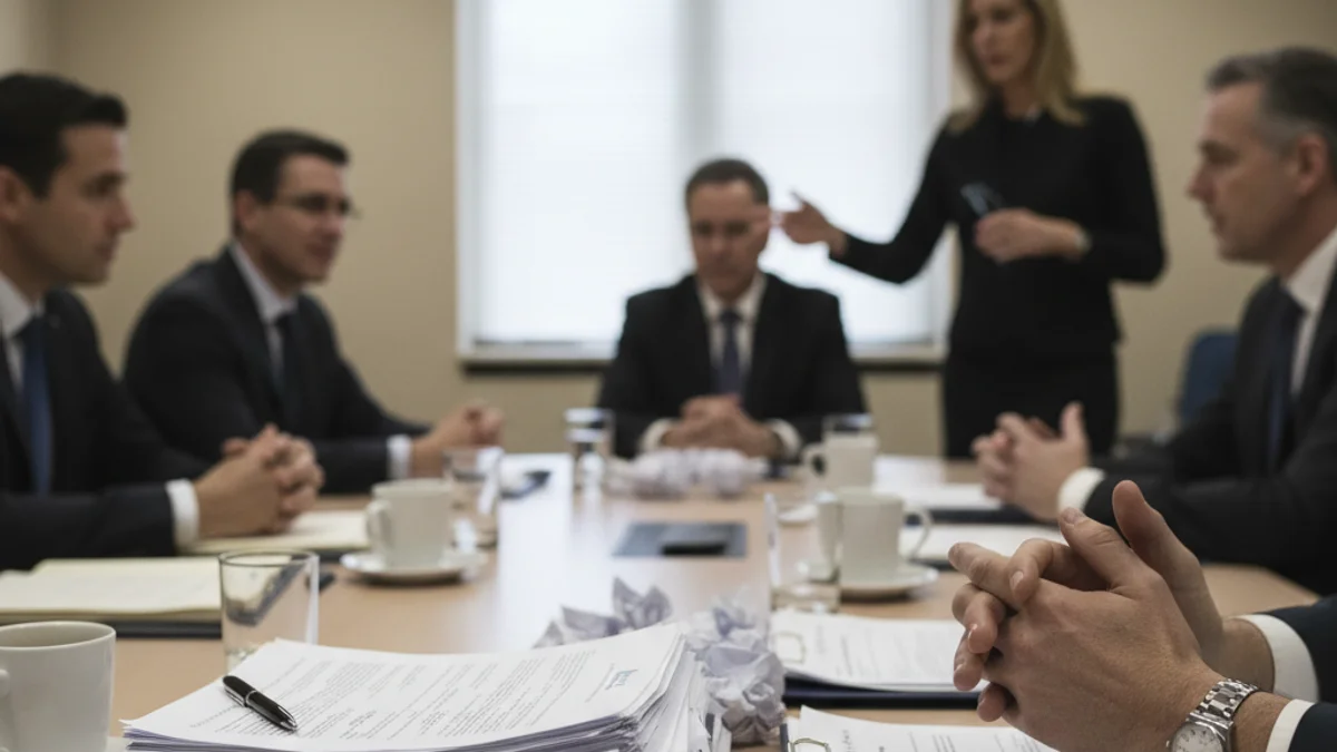 Representación genérica de una mesa de negociación entre representantes gubernamentales y agricultores.