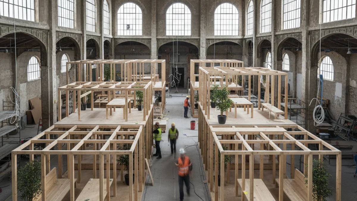 Vista interior de un antiguo mercado con estructuras modulares de madera, simbolizando un espacio de incubación de proyectos cooperativos.