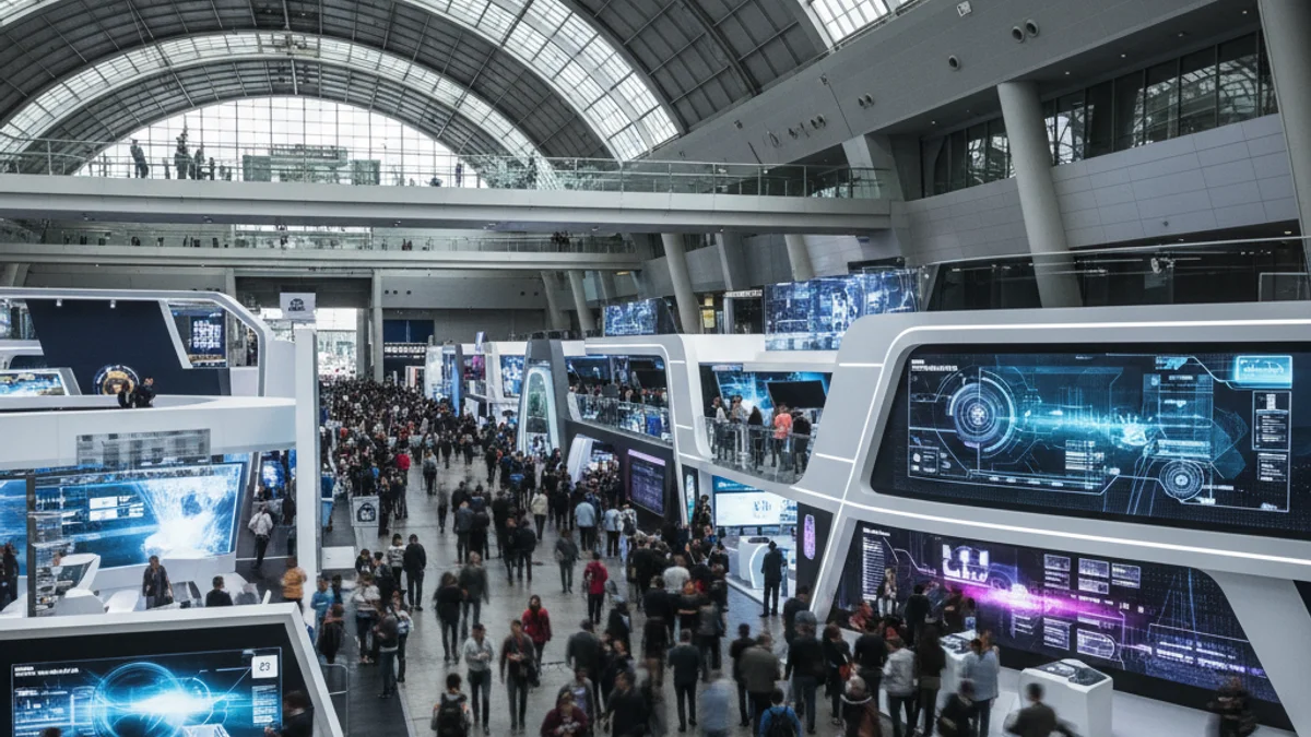 Imagen genérica de un gran pabellón ferial lleno de visitantes y puestos de tecnología.
