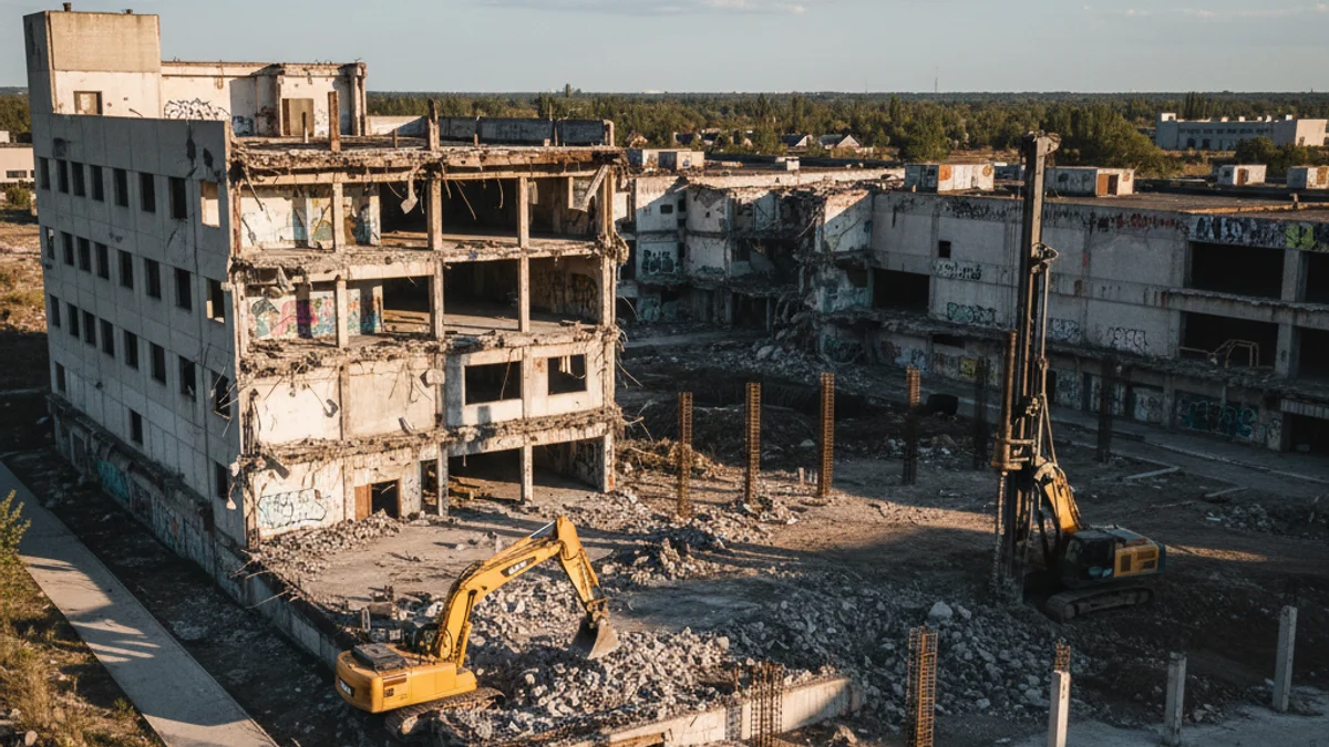 Vista genérica de un gran espacio comercial abandonado donde se están iniciando obras de reurbanización y construcción.