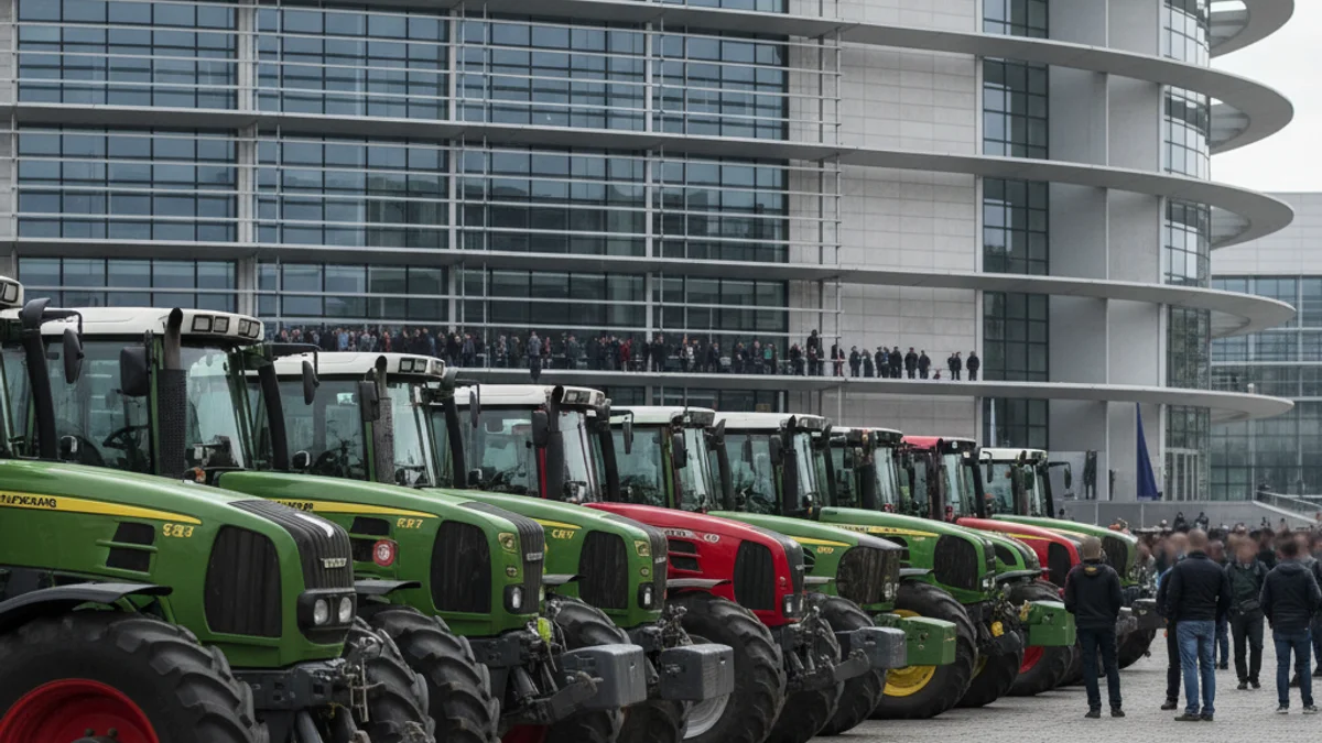 Imagen genérica de tractores concentrados frente a un edificio institucional europeo, simbolizando la protesta agrícola.